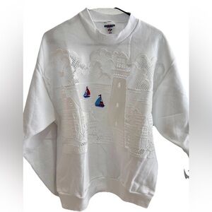 Embroidered White Crewneck with Nautical Theme.